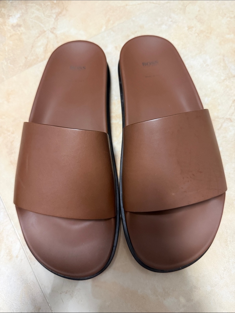 Boss Brown Leather Slide Sandals